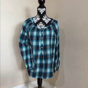 Faded Glory Teal and Black Plaid Button-Down Shirt